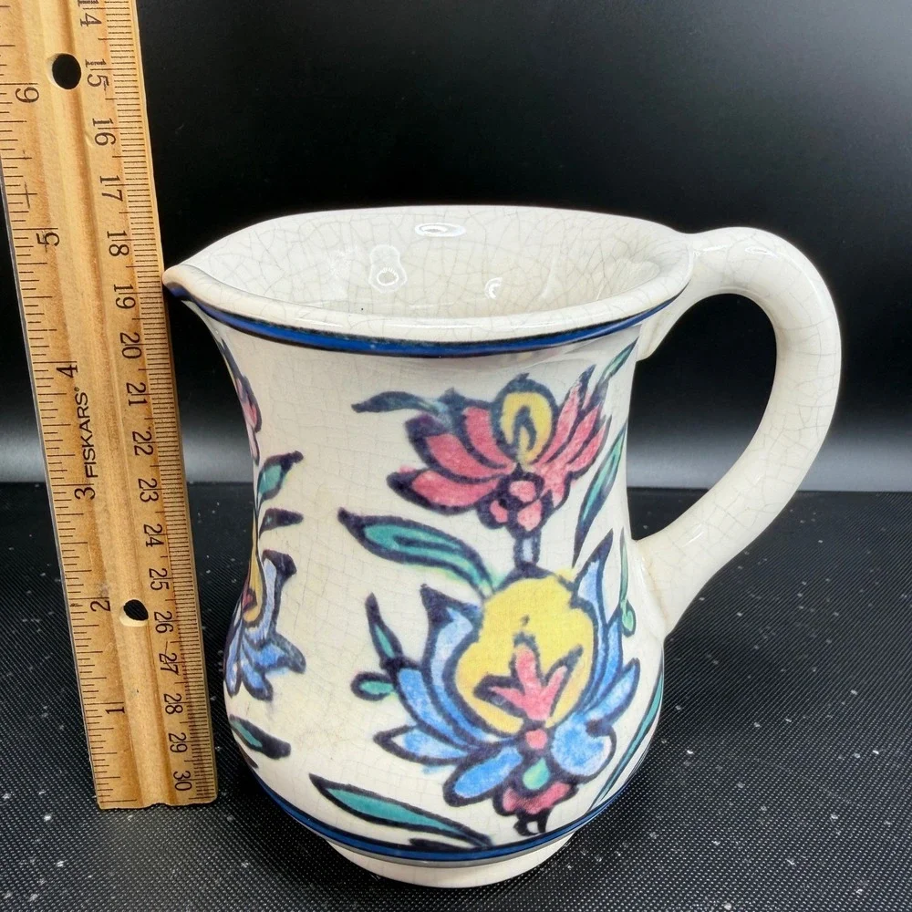 Pottery Barn Floral Iznik Ceramic Pitcher Hand Painted Crackle Glaze‎ Creamer